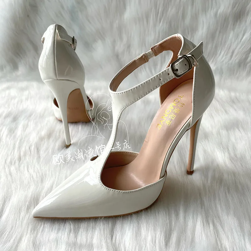 TOMONYE discount brand white patent leather T strap with buckle