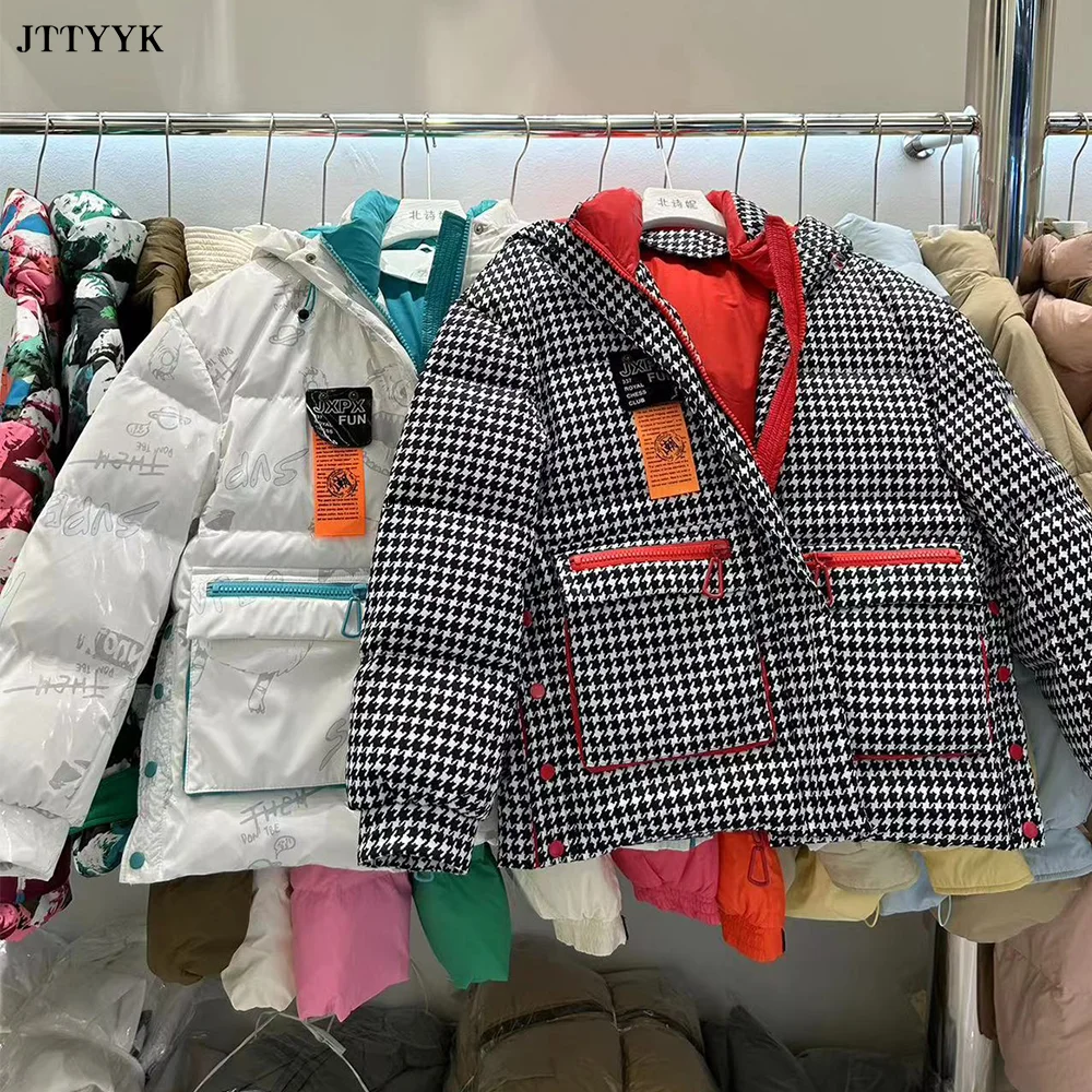 

American Winter Plaid Hooded Snow Parka Down Puffer Coat Warm Hooded Mid-Length Down Jacket for Women Streetwear Feather Jacket