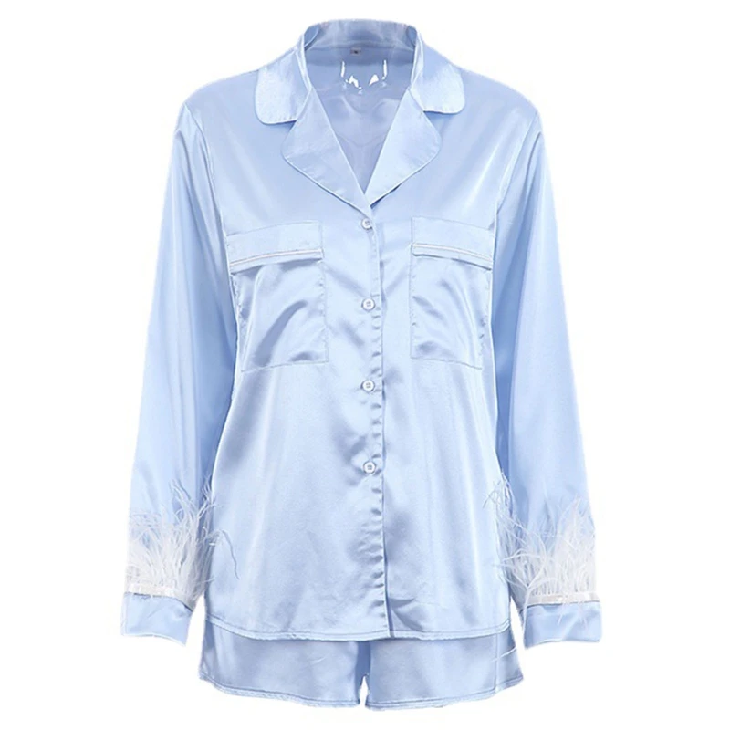 Women Elegant Solid Color Pajamas Set Lapel Tops Cuff Sexy Lingerie