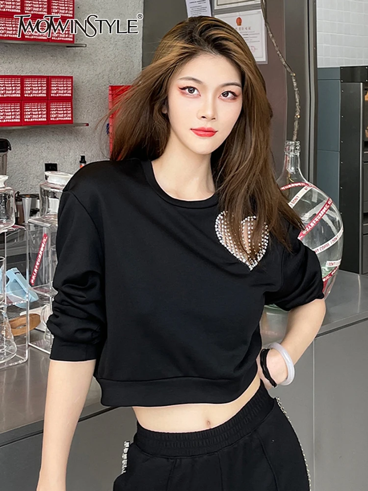 

TWOTWINSTYLE Patchwork Heart Diamond Sweatshirt For Female O Neck Long Sleeve Hollow Out High Waist Slimming Women's Sweatshirt