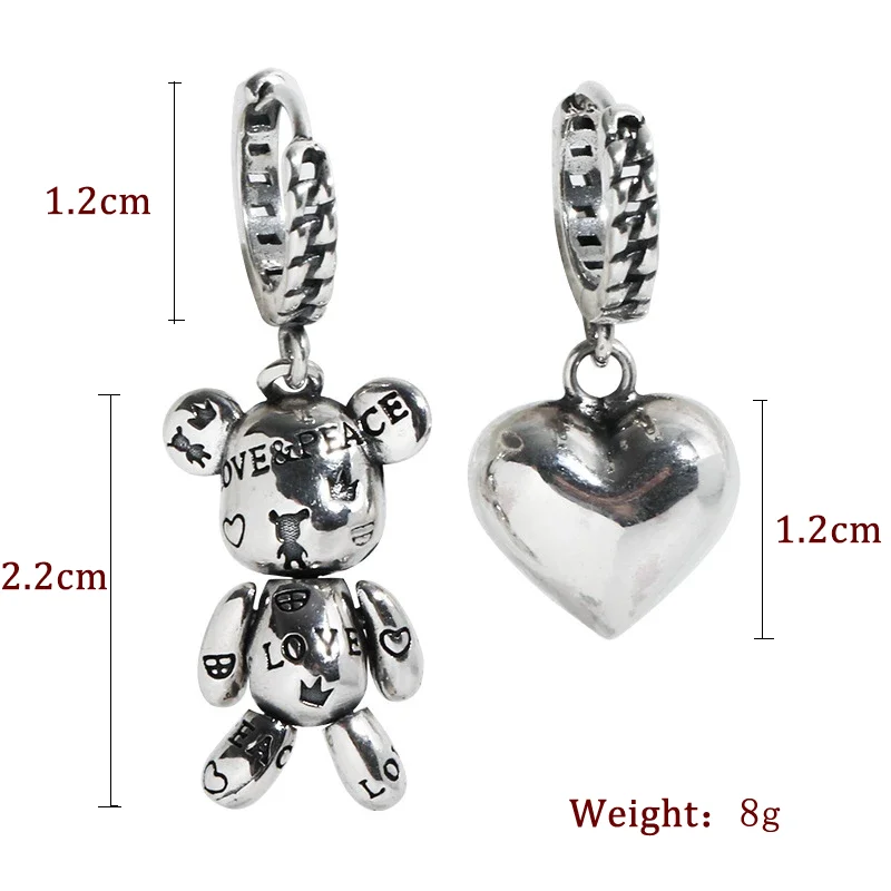Women Earrings Vintage Letter Little Bear Love Heart Asymmetric Hoop Earrings Korean Geometric Metal Earring