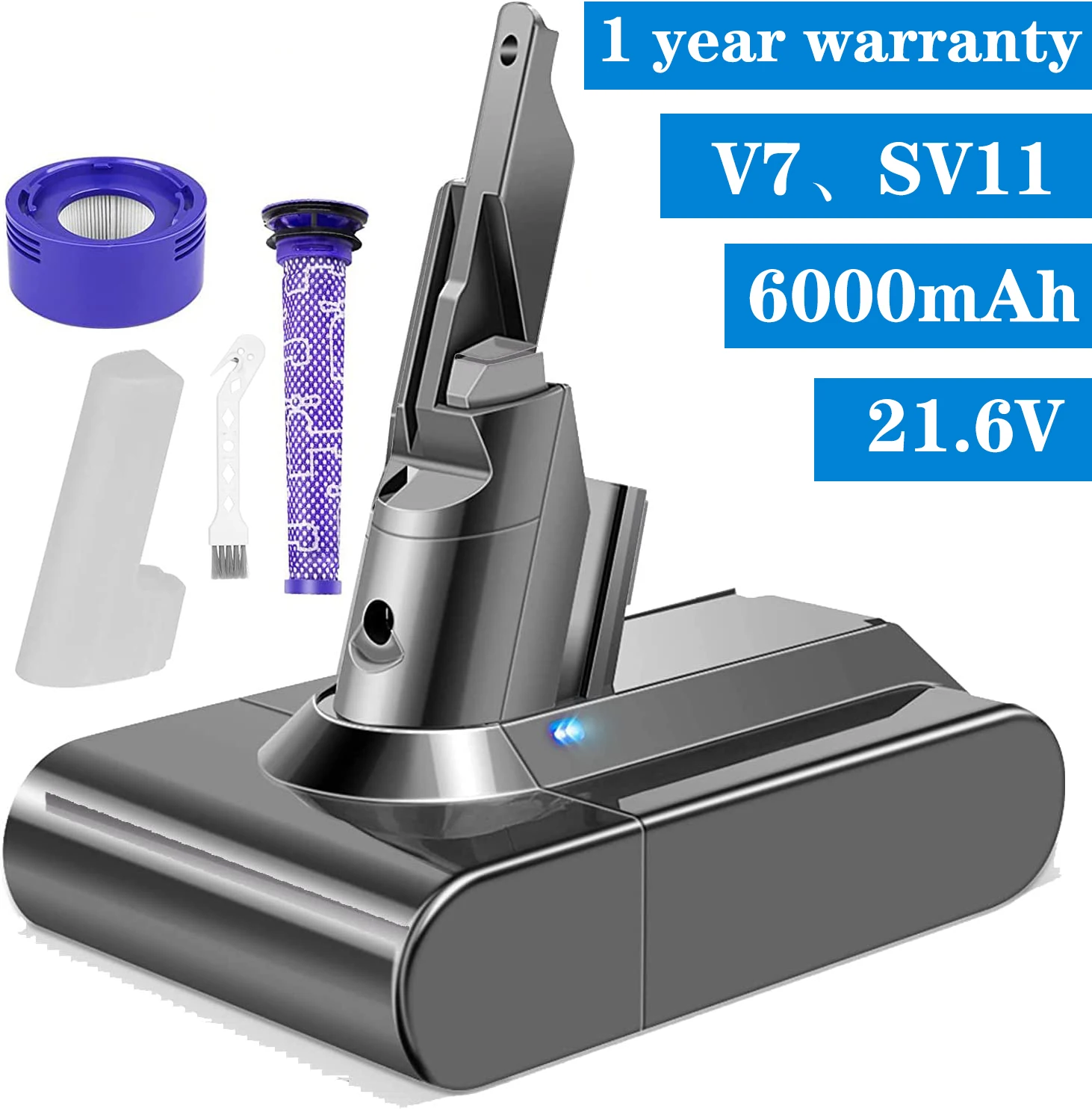 

6000mAh 21.6V Lithium V7 Battery Replacement for Dyson V7 Motorhead Pro V7 Trigger V7 Animal V7 Car+Boat V7 Fluffy SV11 Battery