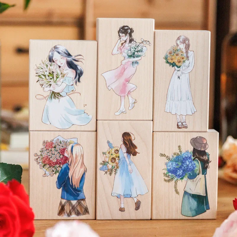 

Girl Floral Wooden Stamps Scrapbooking DIY Junk Journal Decoration Supplies Card Making Material Korea Stationery Standard Stamp