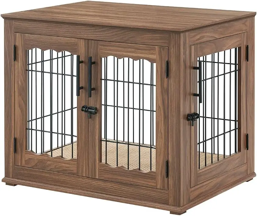 

beeNbkks Furniture Style Dog Crate End Table, Double Doors Wooden Wire Dog Kennel with Pet Bed, Decorative Pet Crate Dog House