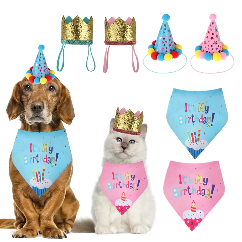 

Cute Pet Dogs Birthday Caps Bibs Adjustable wool ball cap Dog Birthday Costume Sequin Design Headwear Hat Cat Pets Accessories