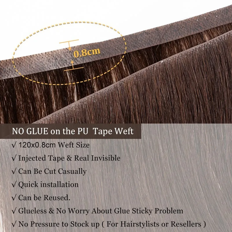 Long Tape PU Weft  Human Hair Bundles Long Tapes Injected Flat Weft  Seamless & Glueless Tape In Extensions 12-22”More Colors