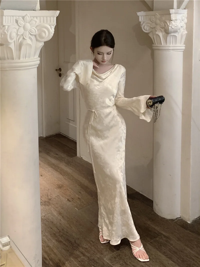 Autumn Bodycon Wedding Evening Dresses for Women Flare Sleeve Swinging Collar French Vintage Prom Robe Midi Vestidos Mujer New