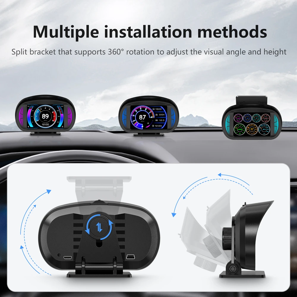 자동차 헤드업 디스플레이 듀얼 시스템 HUD 과속 경보, 터보 브레이크 테스트 보안 경보, OBD2 GPS 속도계 경사 틸트 계량기, P2
