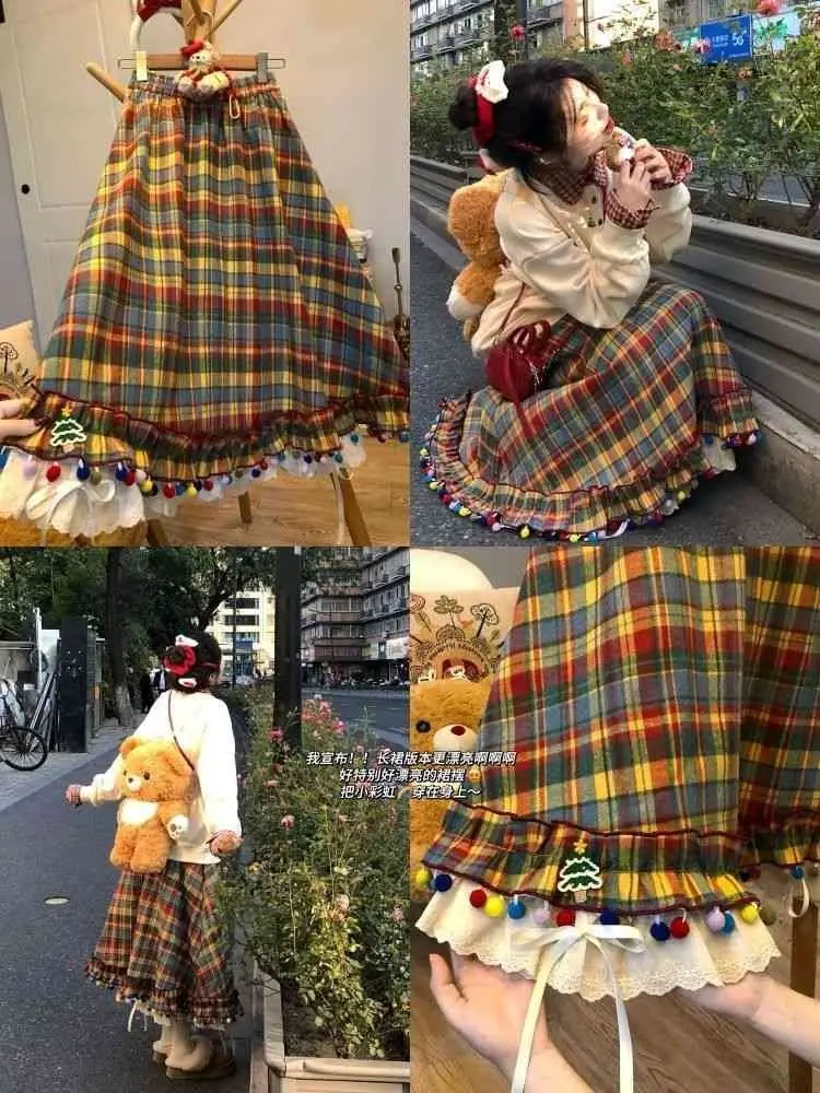 Rainbow candy bean plaid retro salt series colorful plaid pleated skirt autumn and winter half lace cute skirt