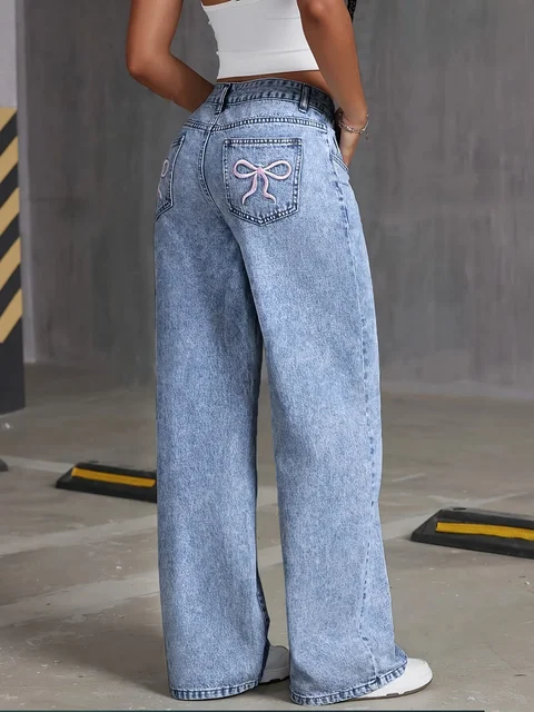 Pantalones de pierna ancha de moda bordados con lazo y bolsillo trasero para mujer Pantalones vaqueros lavados versátiles 2