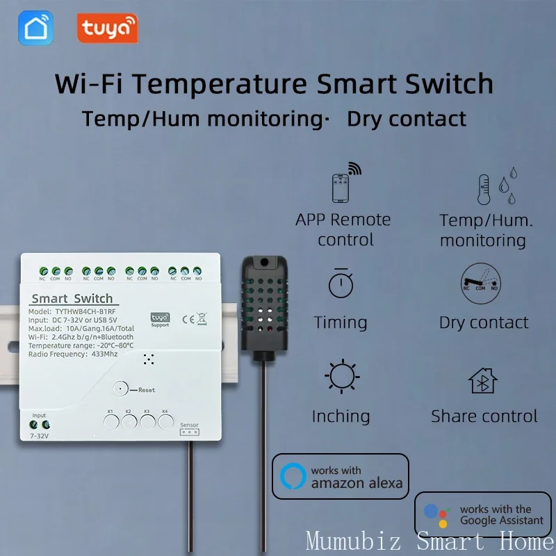 Mumubiz 7-32V WiFi 4 채널 TH 스위치(DIN 레일, Tuya 스마트 라이프 앱, 온도 또는 습도 센서 포함, Alexa와 함께 작동)