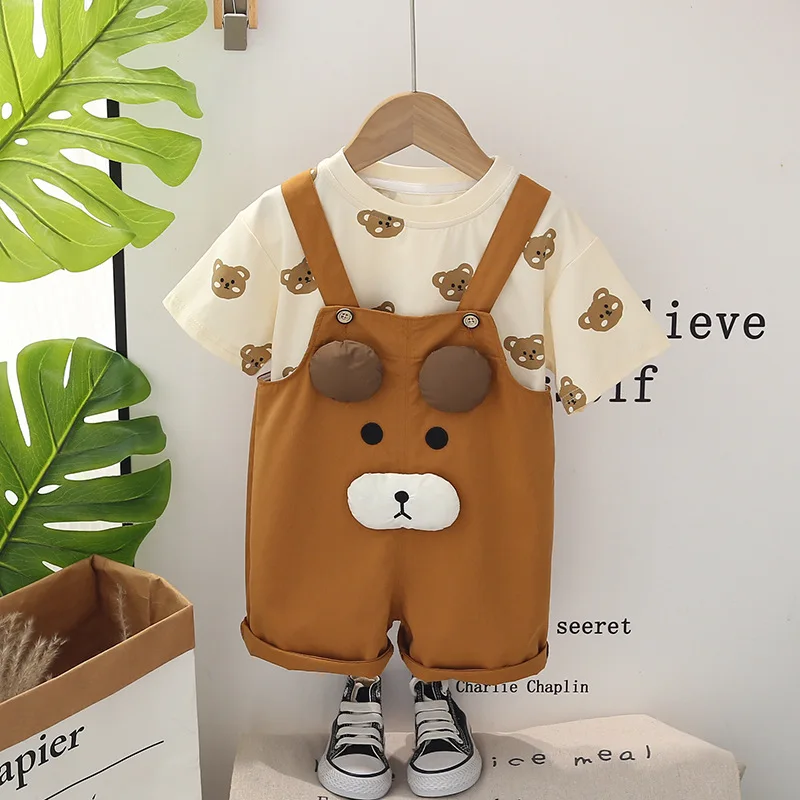 

2024 Designer Baby Boy 18 Months Old Summer Clothes for Kids Cartoon O-neck Short Sleeve T-shirts and Overalls Boys Outfits Set