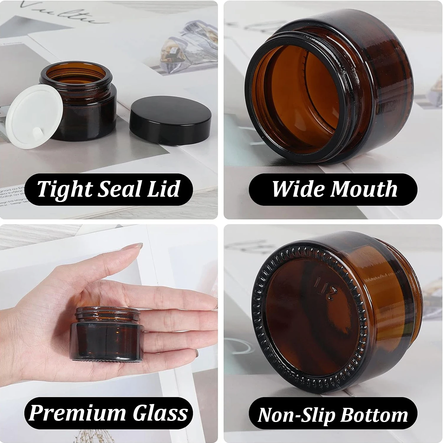 20PCS Small Amber Glass Jars with Black Lids 5/10/15/20/30g Empty Round Jars with Inner Liners for Cream Lotion Candle Powders 3