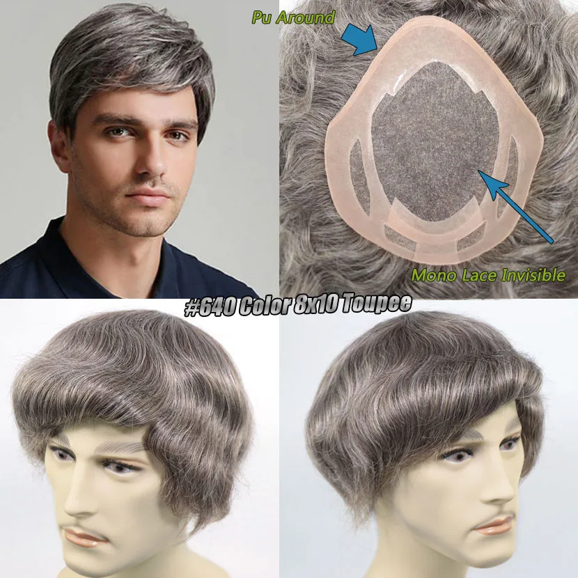 

#640 Brown Grey 8x10 Human Hair + Kanekalon High Grade Men toupee Mono Lace In Center PU Around Male Capillary Prothesis Wig Man