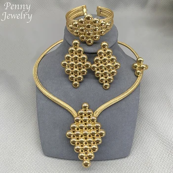 4Pcs Golden Jewellery Sets 18K Gold Plated Jewelry Set Women Chunky Necklace Earring Bracelet Ring Italian Wedding Party Gifts