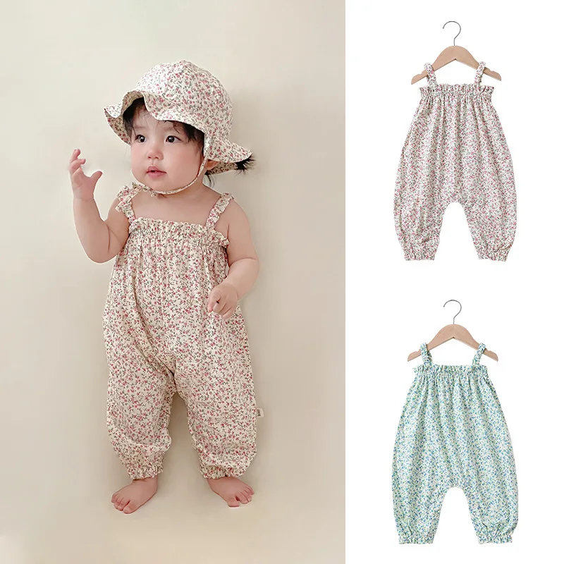 Jenny&Dave Girl's jumpsuit, new summer style for children, floral suspender, floral cardigan, baby thin, sleeveless, crawling fo