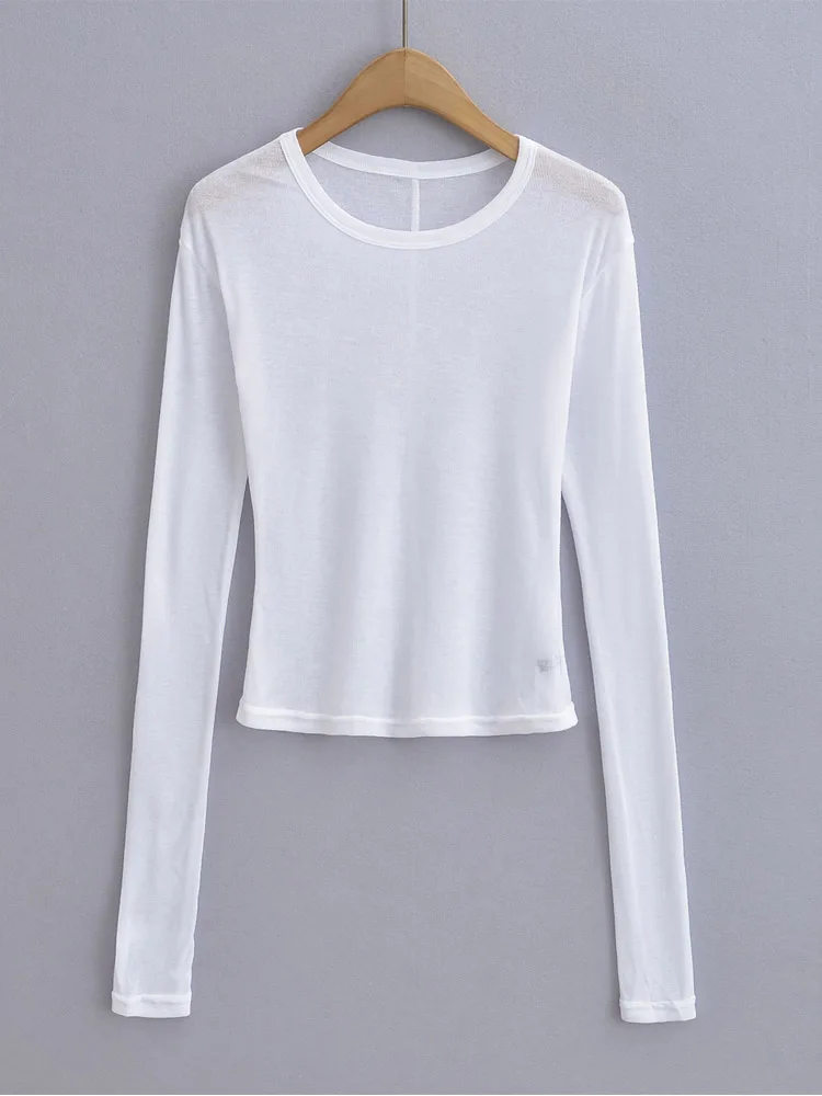 Women Crew Neck Fitted Long Sleeve Semi Sheer T-shirt
