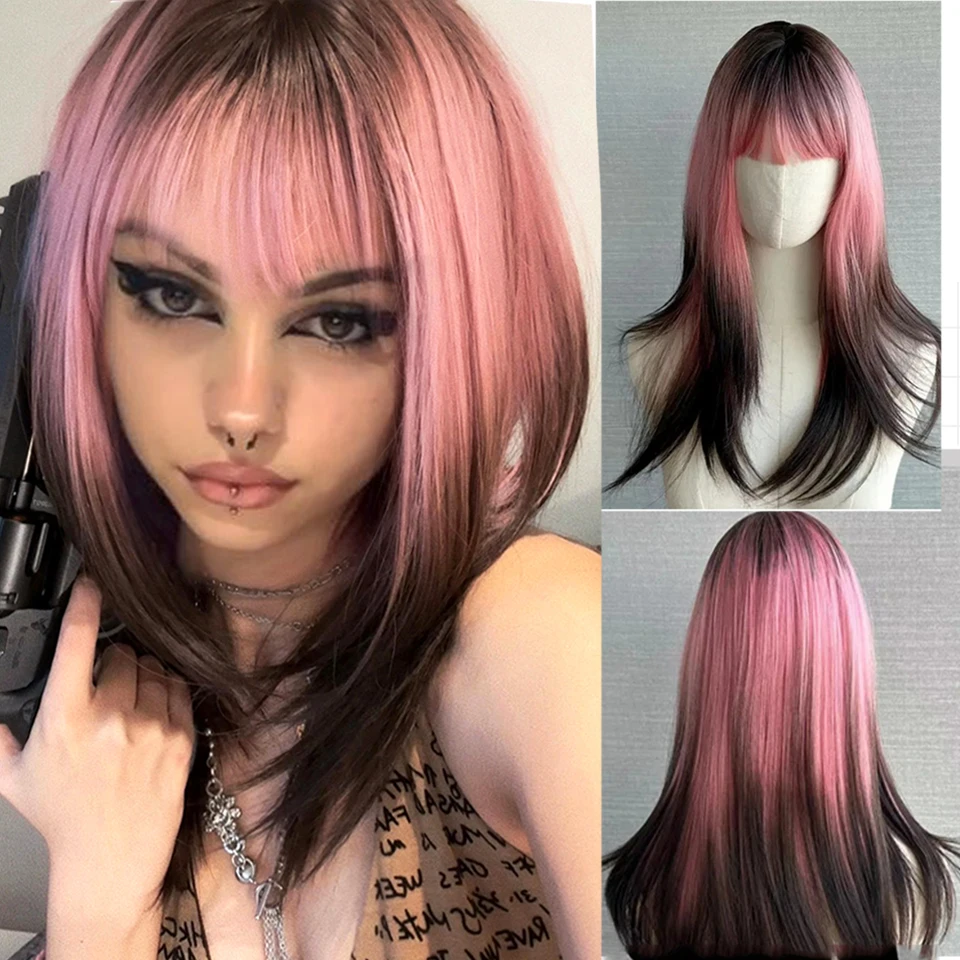 

HOUYAN synthetic cosplay Lolita Black highlights Pink long straight hair wig Girl Party bangs Heat resistant wig