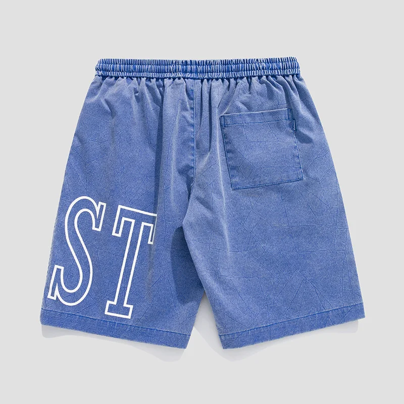 Men's Summer Shorts Casual Drawstring Elastic Waist Printing Straight Retro Pure Wash Sports Shorts Harajuku Wide Leg Pants