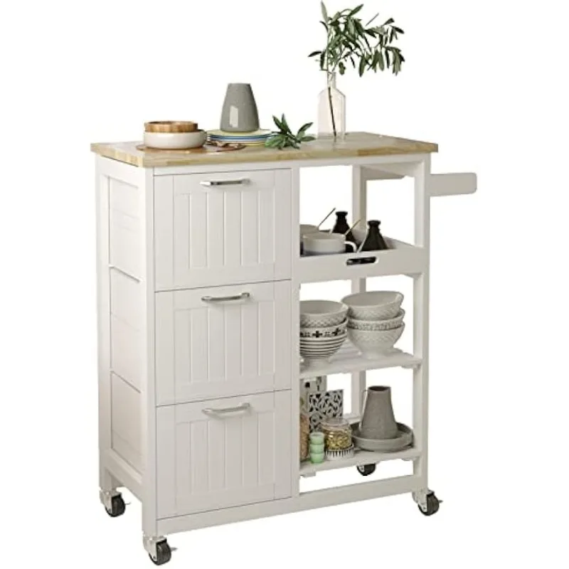 

Usinso Kitchen Island Cart with 3 Tier Holder Kitchen Serving Carts Rolling Bar Cart Natural Solid Wood Top with 3 Tier Storage