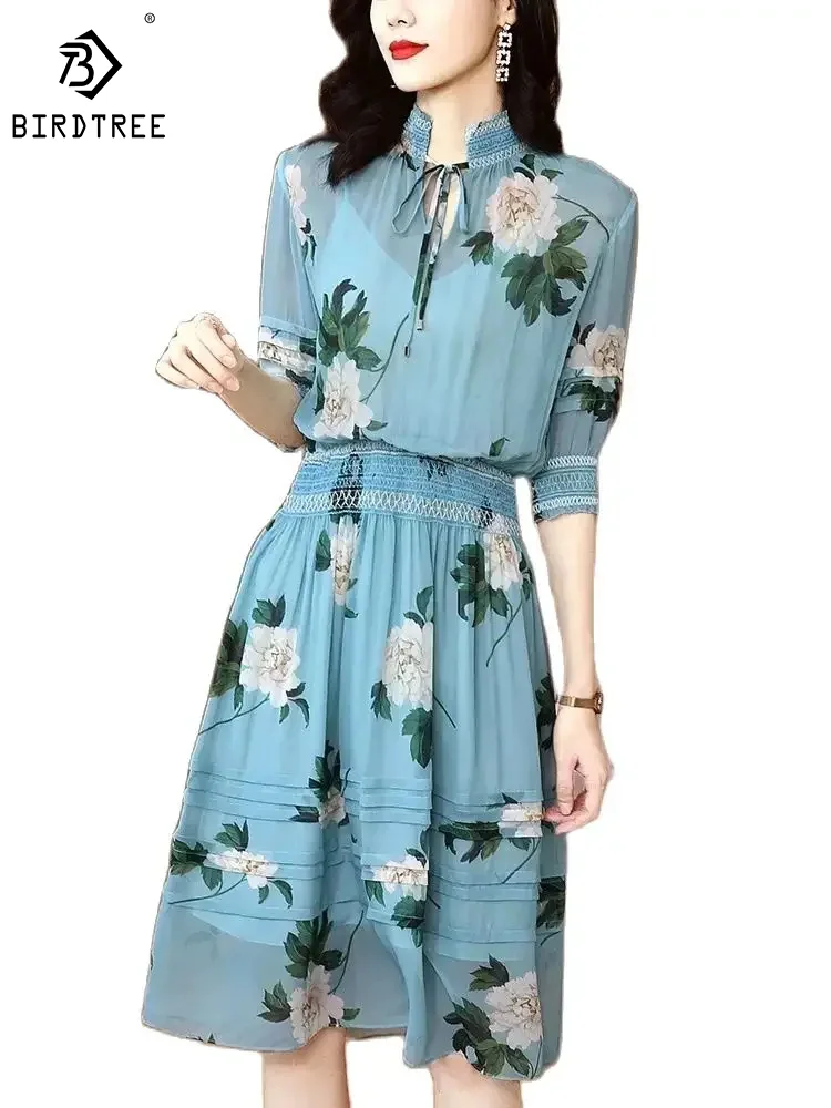 

Birdtree 100%Mulberry Silk Elegant Party Dresses Women's Floral Print French Style A-Line Office Fashion Dress Autumn D3D118QM