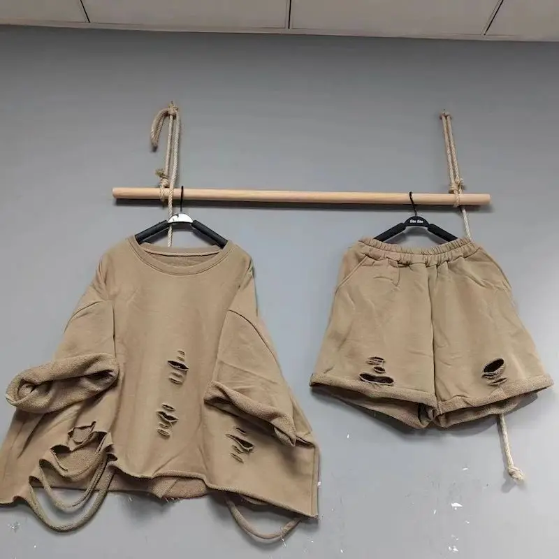 여성 루즈핏 오버사이즈 반팔 상의 및 와이드 반바지 풀오버 세트, 캐주얼 투피스 세트, 거지 구멍, 봄 여름 패션