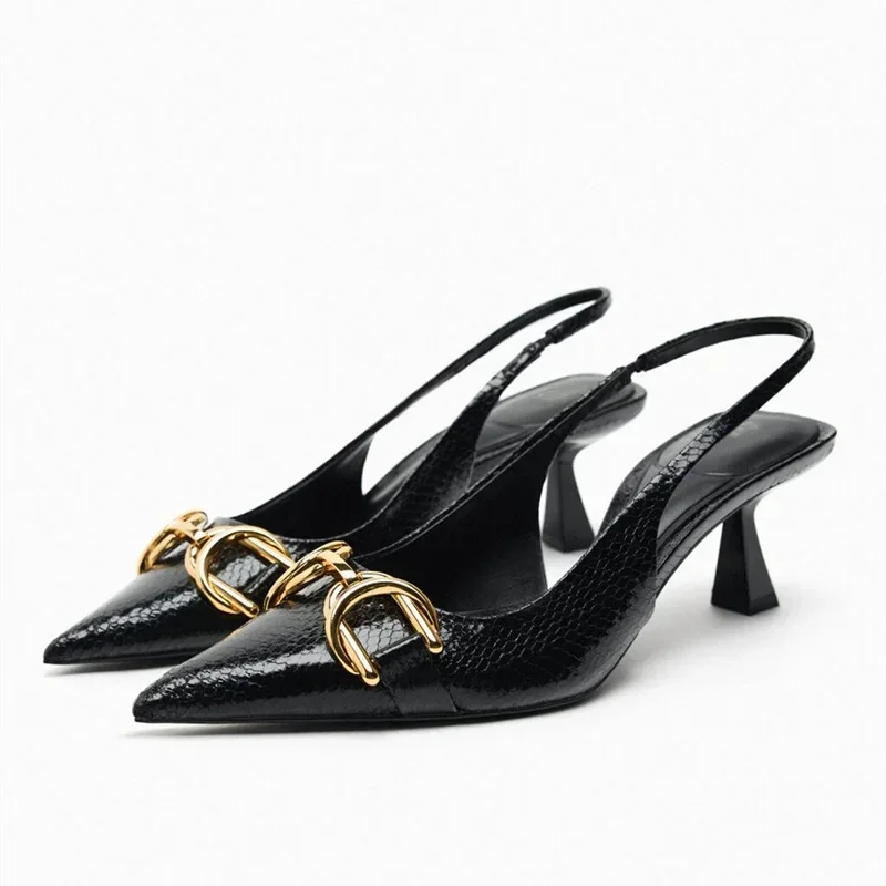 Summer Golden Decorative Women Shoes Woman Black Pointed High Heels Shallow Thin Heel Woman Pumps Slingback Sandals