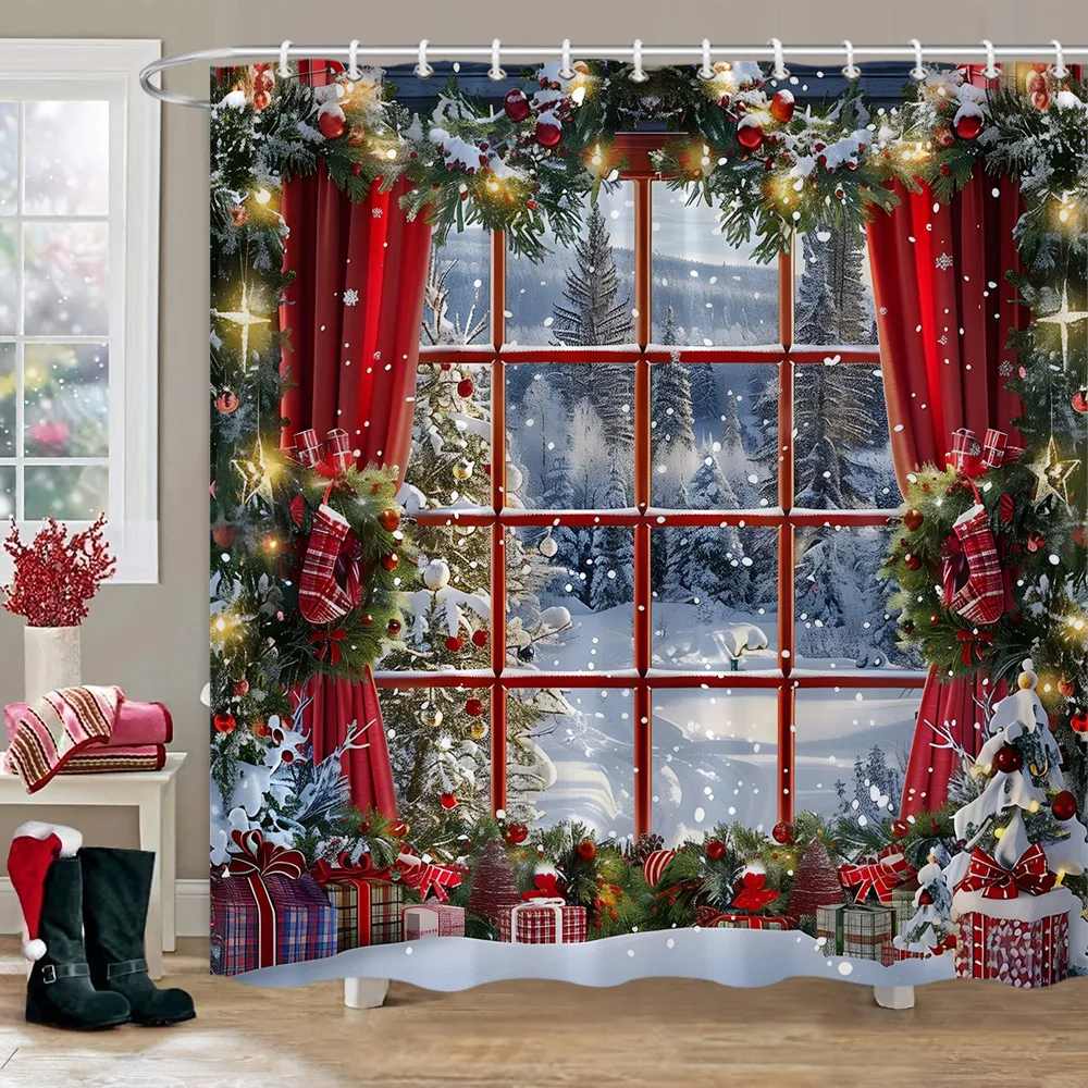 Christmas Decoration Shower Curtain Winter Snow Scene Christmas Tree Gifts Polyester Bathroom Decor