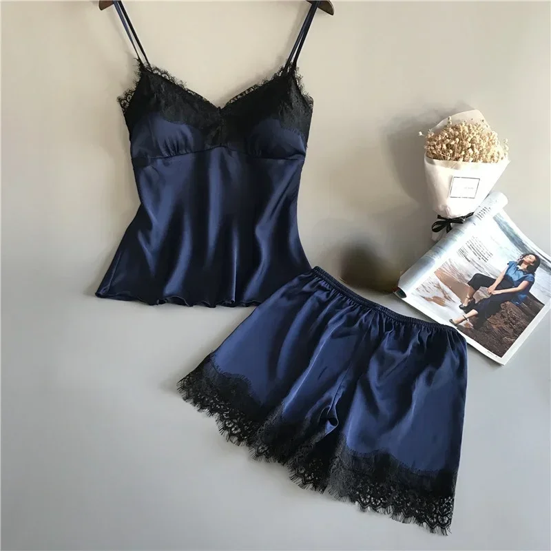 Women Pajamas Set Women Pajama Suit Sexy Lace Pajamas Suit Women V-Neck Sleepwear Lingerie Home Wear Nightwear Summer Casual Suspender Nighties Lounge Sets Clothes