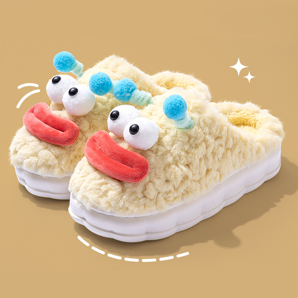 BASATU Cute Cotton Slippers Women Indoor Home Thick Bottom Slippers Winter Plush Non-slip Warm Flat Heel Cartoon Cotton Shoes