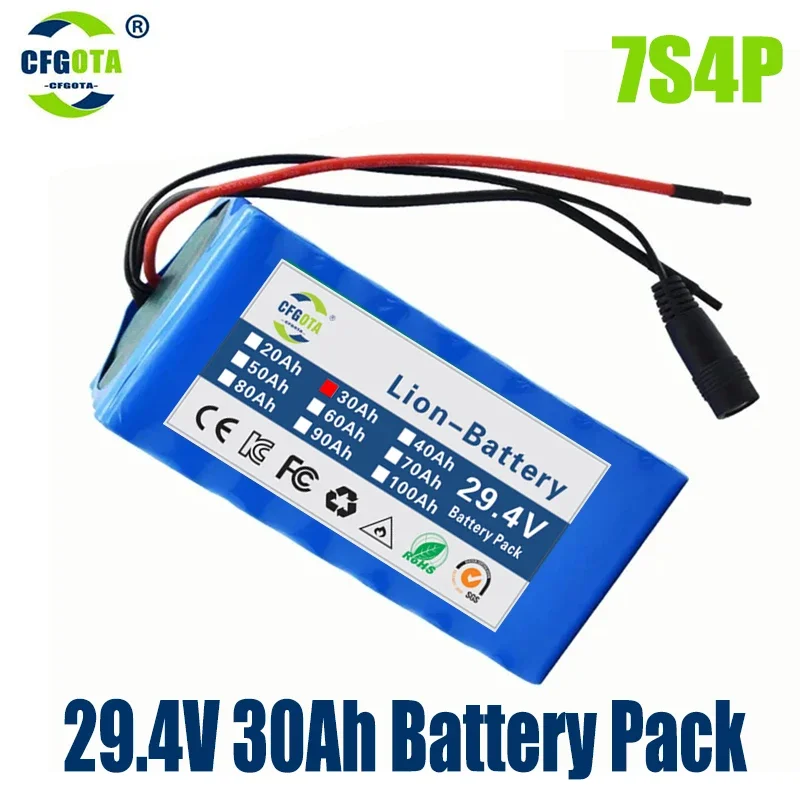 

New 7S4P 24V 30Ah 29.4V for Lithium-ion Battery Pack Built-in BMS Electric Bike Unicycle Scooter Wheelchair Motor+Charger