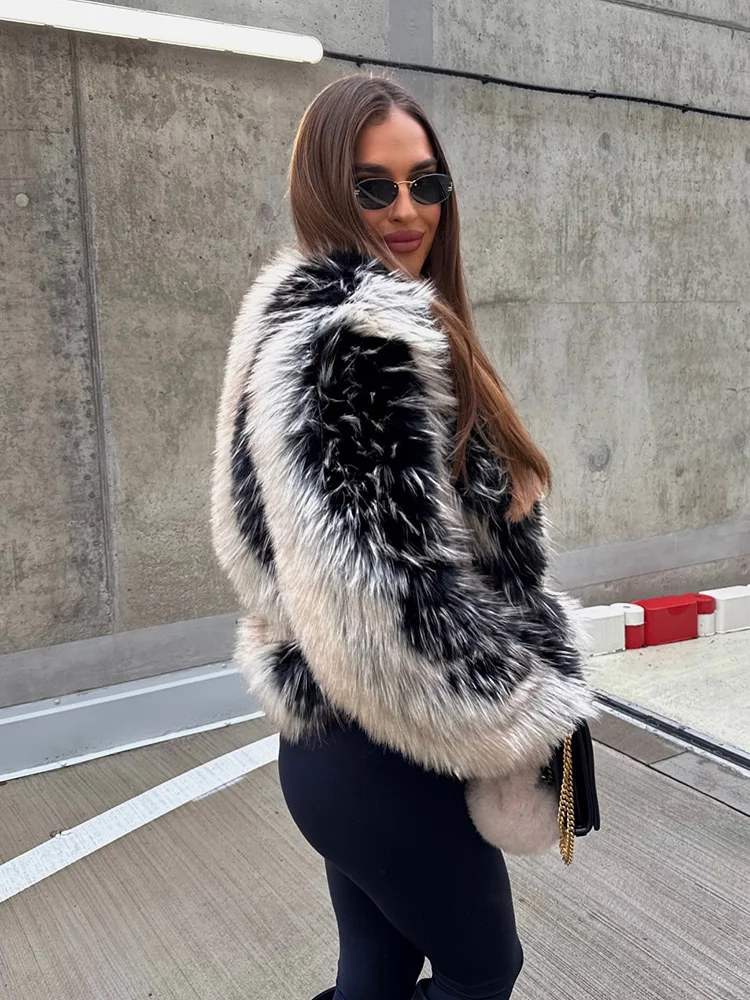 HH Women Faux Fur Effect Short Coat Winter O-Neck Long Sleeve Warm Outwear Female Hidden Buckle Multicolor Casual Fashion Jacket - 2