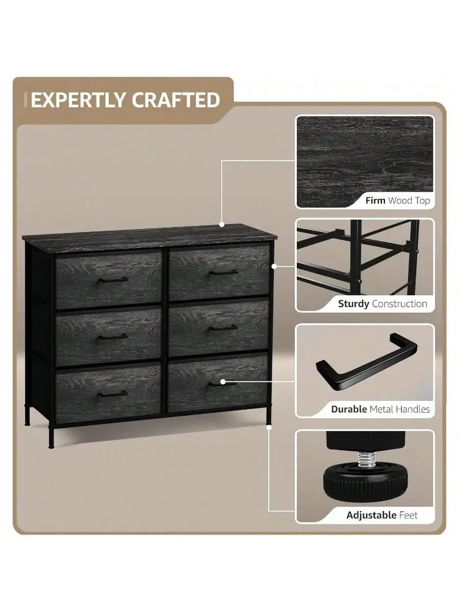 Sorbus Dresser with 6 Faux Wood Drawers - Chest Organizer Unit with Steel Frame Wood Top and Handle Easy Pull Fabric Bin 4
