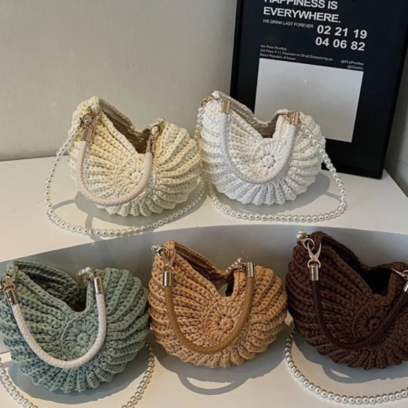 Conch Shaped Crochet Women Shoulde Bags Creative Funny Cute Pearls Chains Handmade Weave Crossbody Bag Novelty Small Handbags crossbody bag