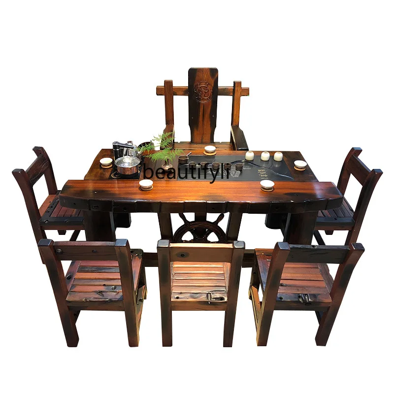 

Old Ship Wood Table-Chair Set Simple Solid Wood Tea Table New Chinese Style Living Room Bubble Table-Chair Set