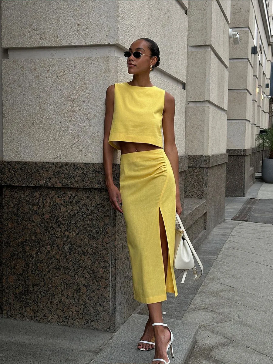 Fashion Female Maxi Skirt Sets High Waist Split Elegant Solid Streetwear Cropped Vest Top And Long Skirt Outfits Women's