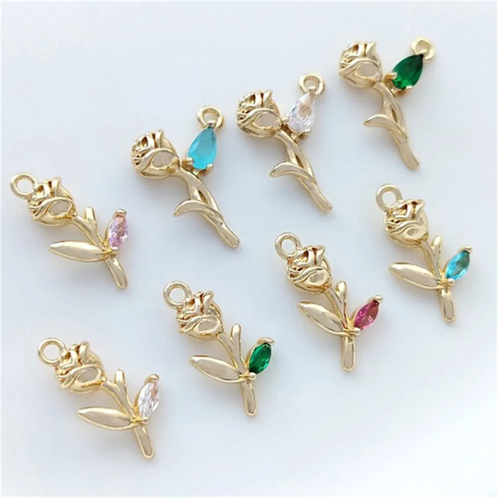 

Set with Color Zirconium 14K Gold with Branches and Leaves Rose Pendant Handmade DIY Bracelet Necklace Earrings Charm Pendant
