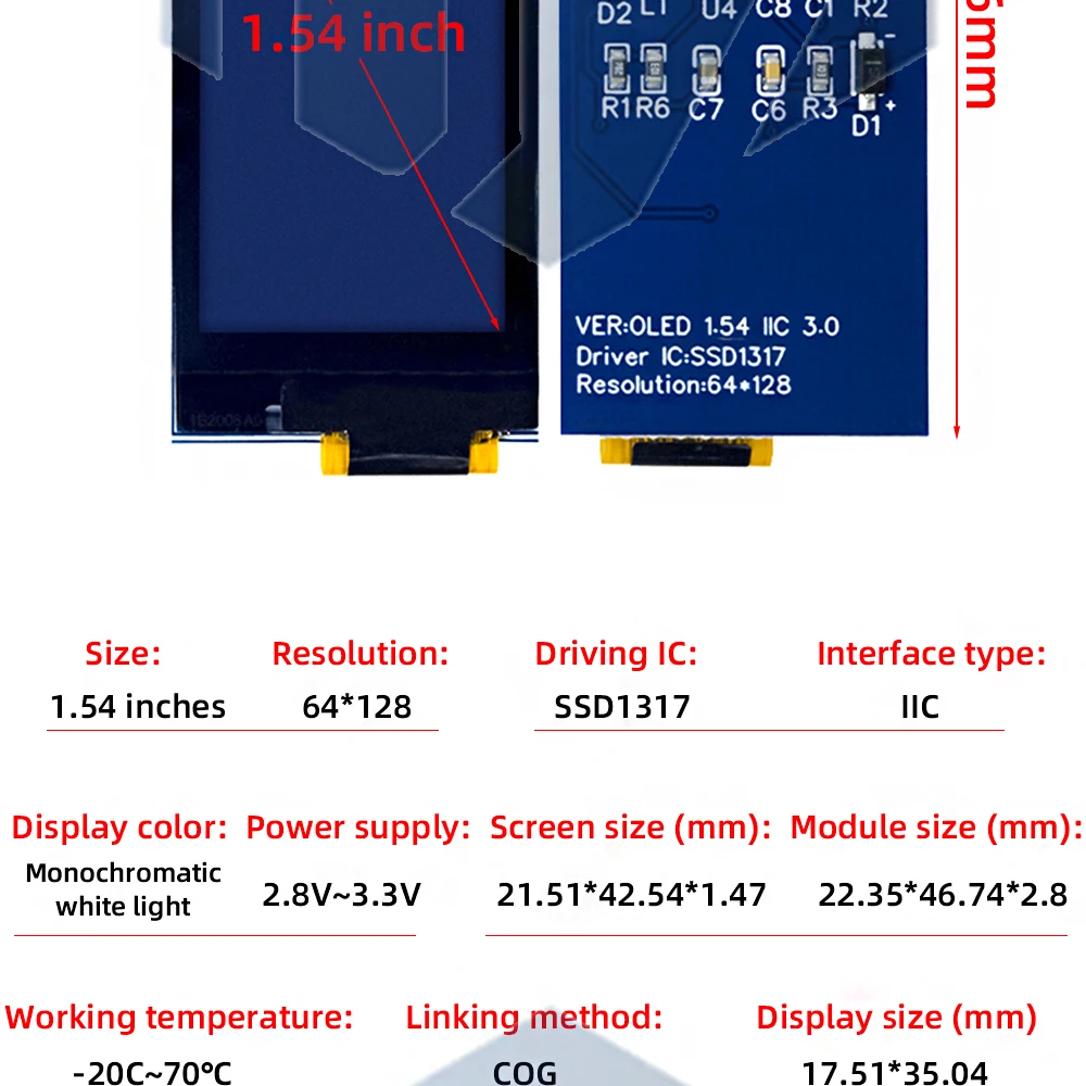 1~5PCS 1,3 Zoll/0,96 Zoll/1,54 Zoll OLED-Display 64×128 LCD-Modul SH1107 LCD 1,3' OLED Vertikales Bildschirmmodul für Arduino – Detail 10