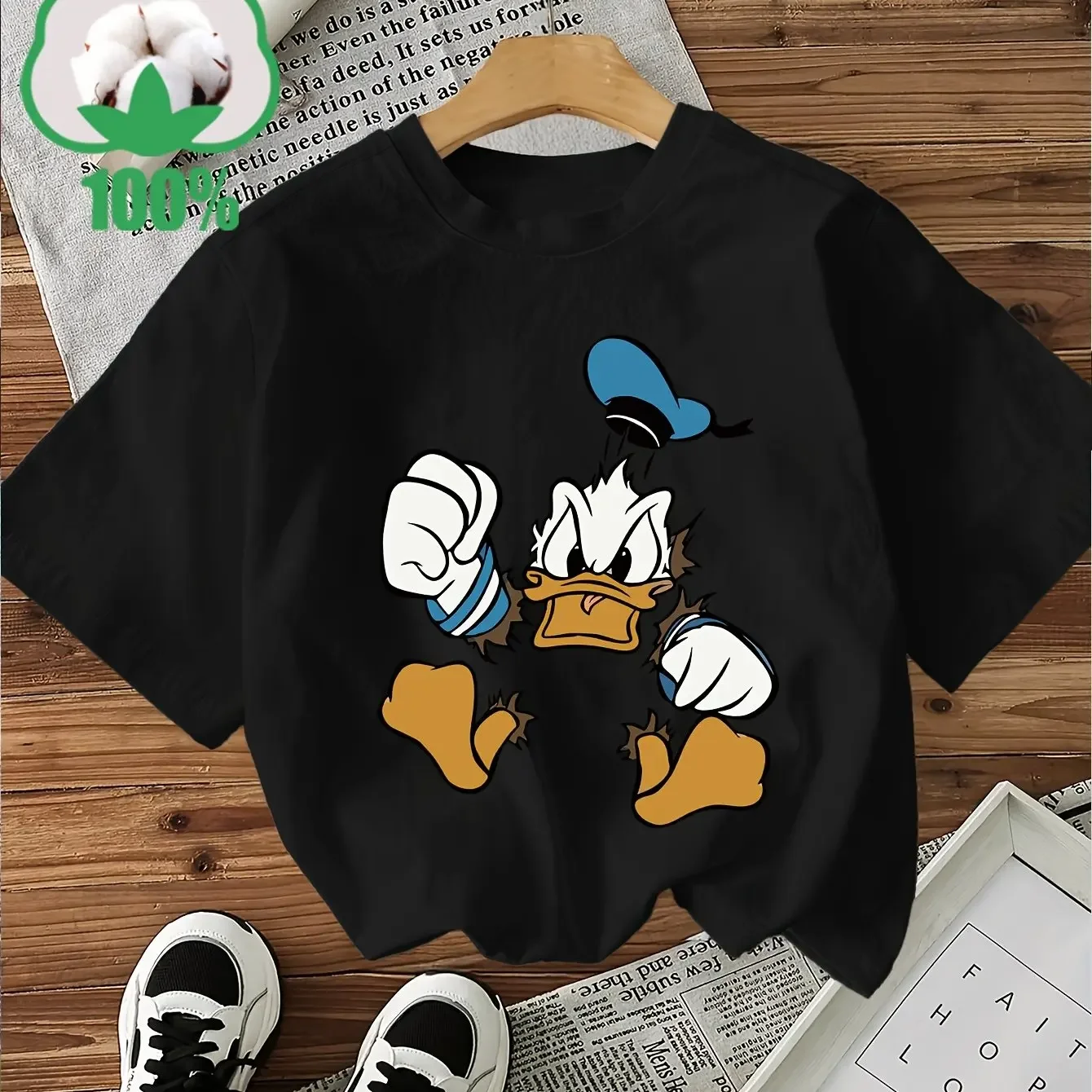 T-shirt Noir Donald Duck 100% Coton Enfant | Design Amusant