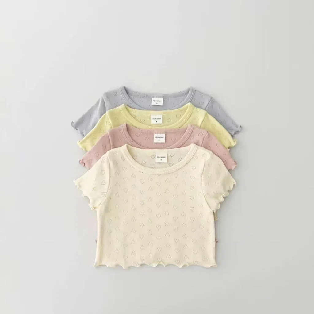 Summer Girl Baby Solid Hollow Out Short Sleeve T-shirt Boy Children Breathable Casual Tshirt Kid Cotton Tops Toddler Ruffle Tees