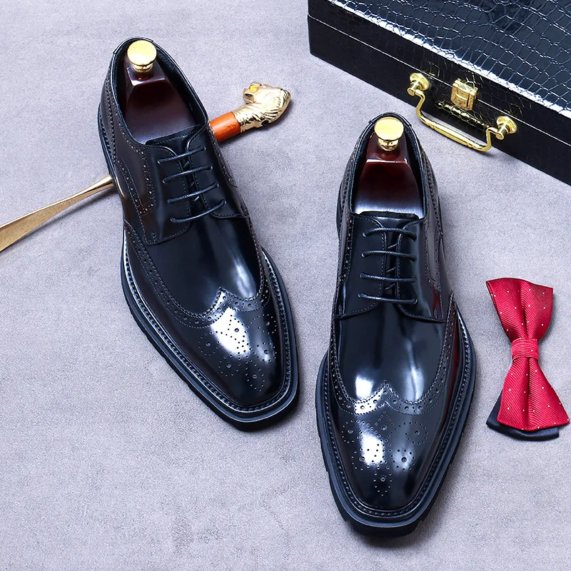 British Business Leather Shoes Formal Cowhide Thick-Soled Handmade Derby Shoes Stylish Men's Glossy Fine Craftsmanship Men Shoes 6