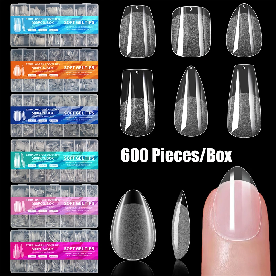 600PCSSoftGelXNailTipsSuppliesFullCoverFalseNailTipsfor