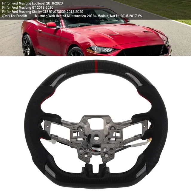 JIANGGAI All Black Carbon Fiber Steering Wheel For Ford Mustang 2015-2017 - D-Shaped Perforated Leather Grip