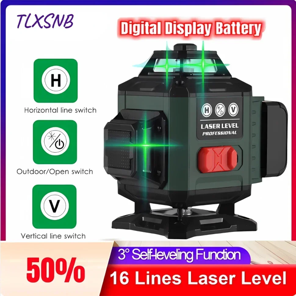 

360° Horizontal & Vertical Level Laser with 3000mAh Li-ion Battery Laser Level Self-leveling 12/16 Lines Green Laser Levels