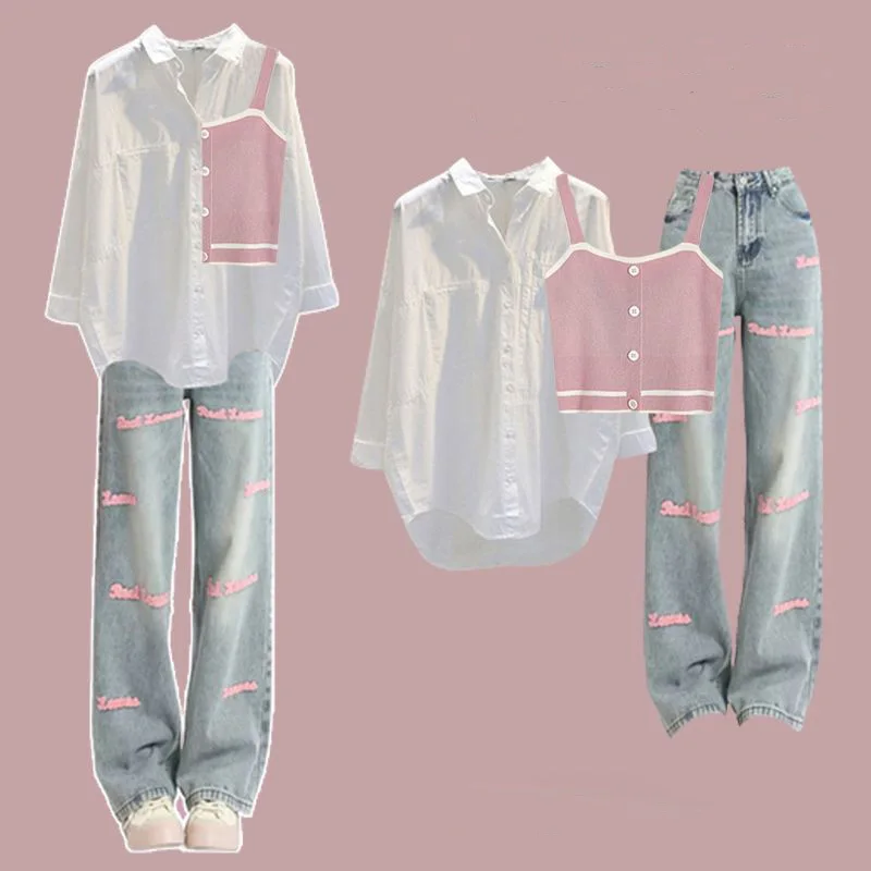 Spliced Suspender Vest Sunscreen Chiffon Shirt Blouse Jeans Three Piece Set of Elegant Women's Pants Casual Outfits Clothing