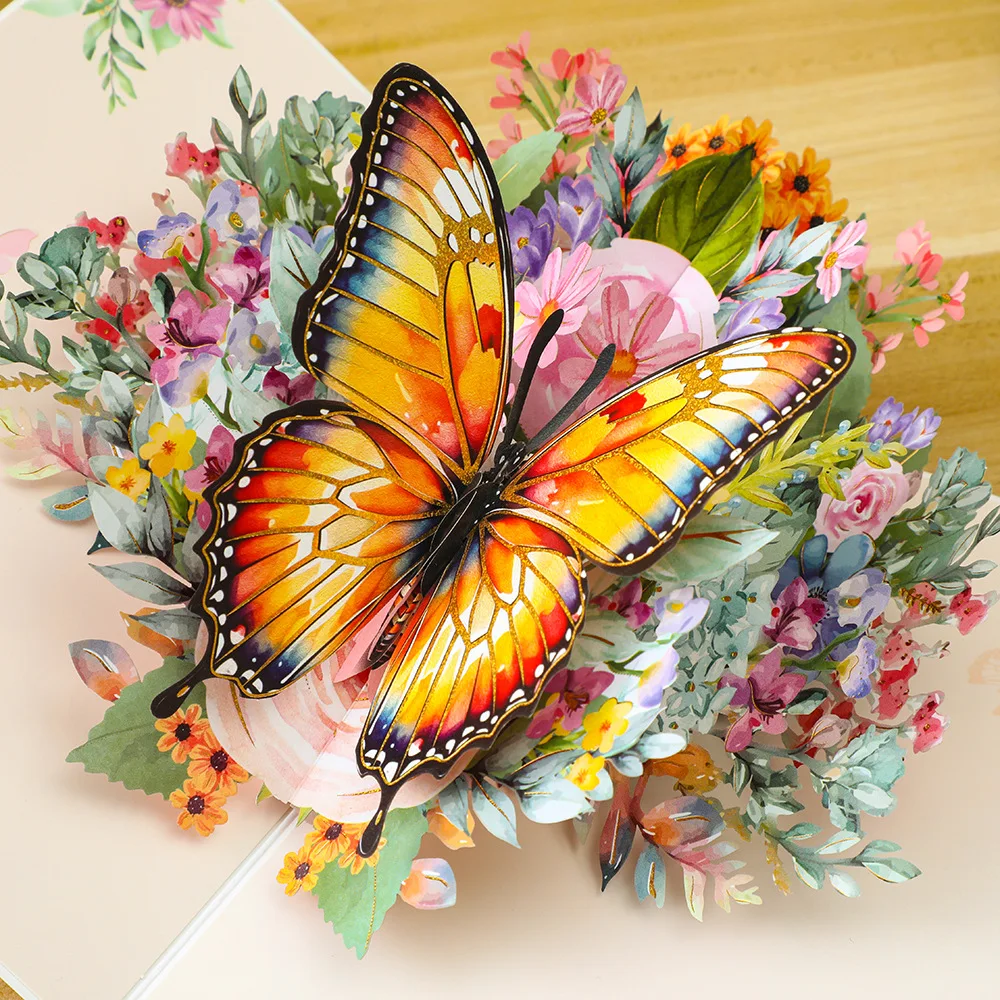 Ins Style 3D Large Butterfly Flower Folded Greeting Card Handmade Foldable Ornament Holiday Romantic Gift Christmas Wedding Card