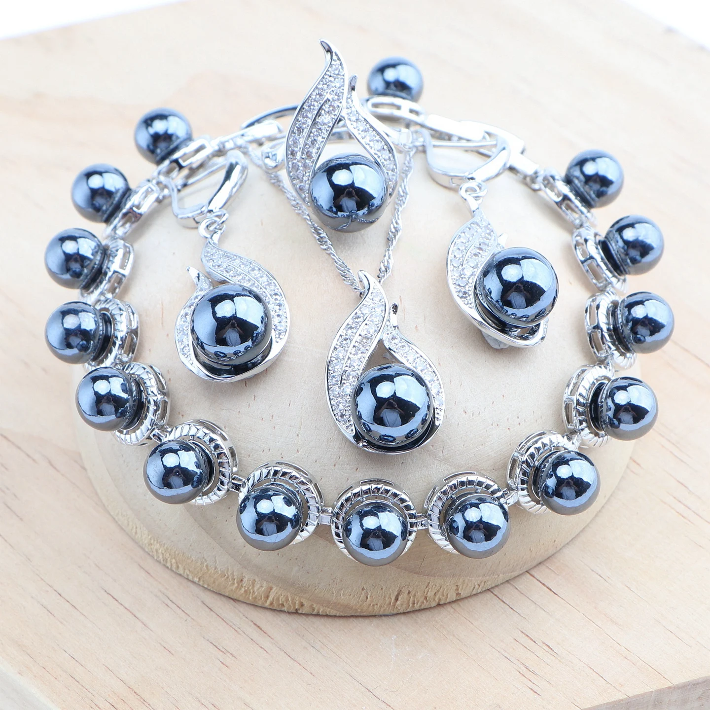 925 srebrne czarne zestawy biżuterii z pereł ślubny biały cyrkonie obrączki kolczyki wisiorek naszyjnik zestaw bransoletek