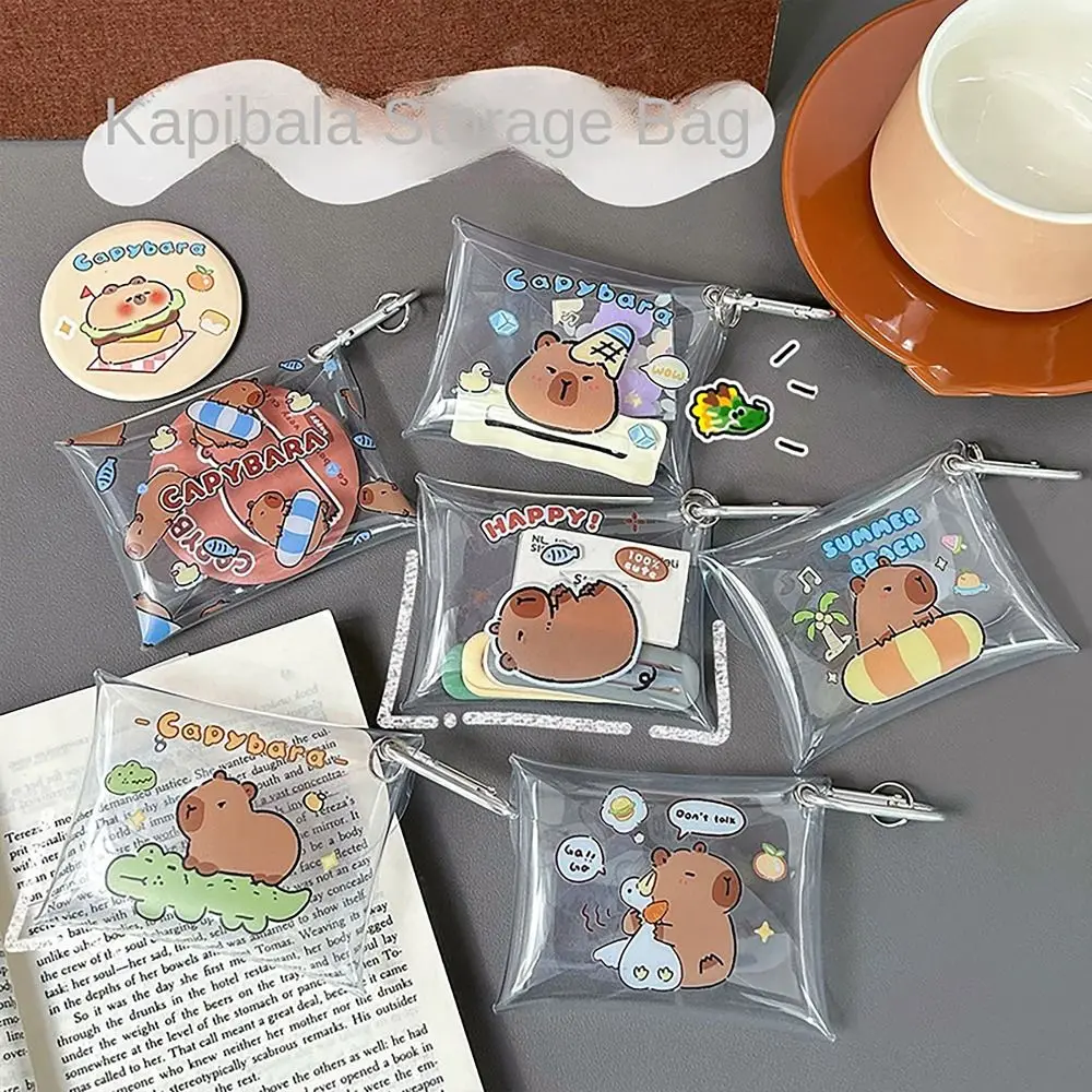 Capybara Coin Wallet Cute Cartoon Anime with Carabiner Earphone Storage Bags Transparent Mini Wallet for Student Girls
