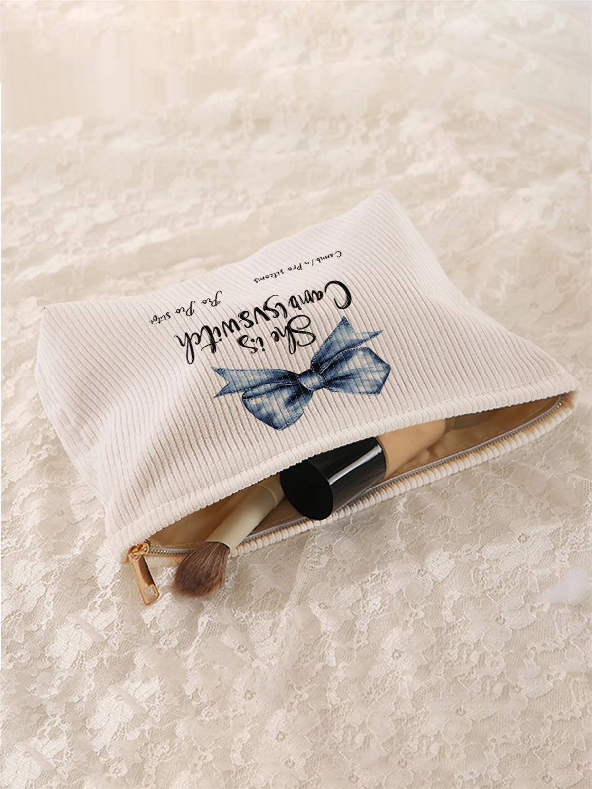 1 butterfly knot patterned corduroy makeup bag, lightweight zipper makeup storage box, multifunctional bag with lining