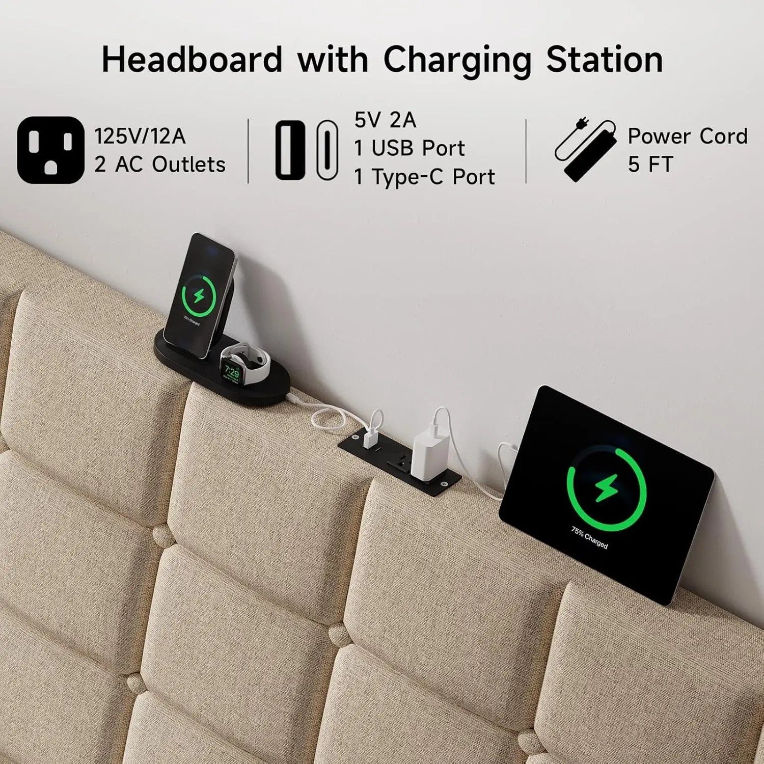 Ergonomic Upholstered Full Size Headboard w/Charging Station, Linen Wingback Headboards w/Storage Pocket, Full Headboard Only